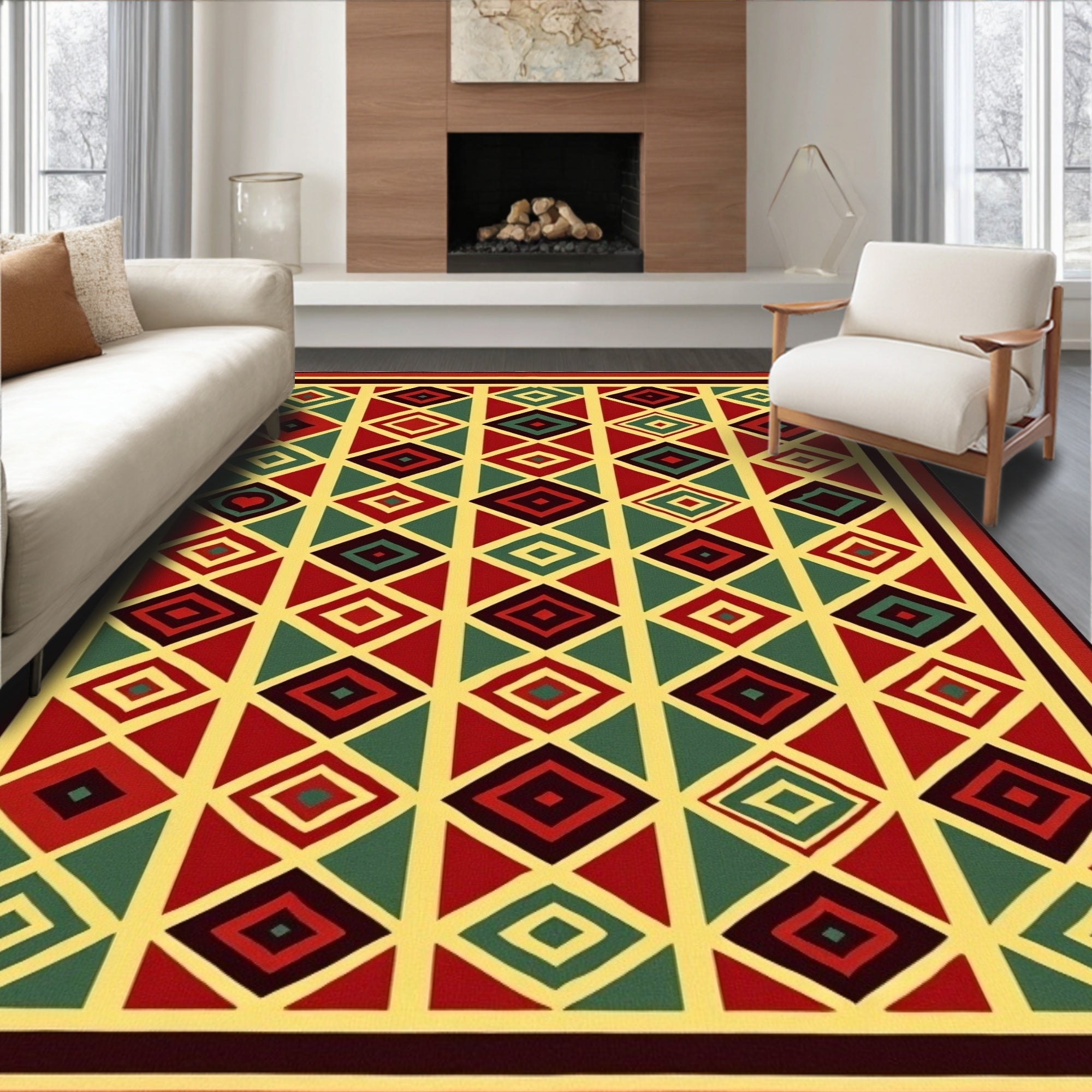 Bold Red Diamond Geometric Medallion Rug