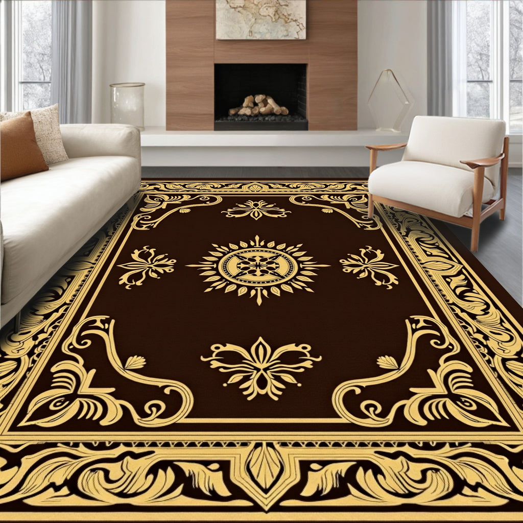 Elegant Gold Brown Arabesque Scroll Rug