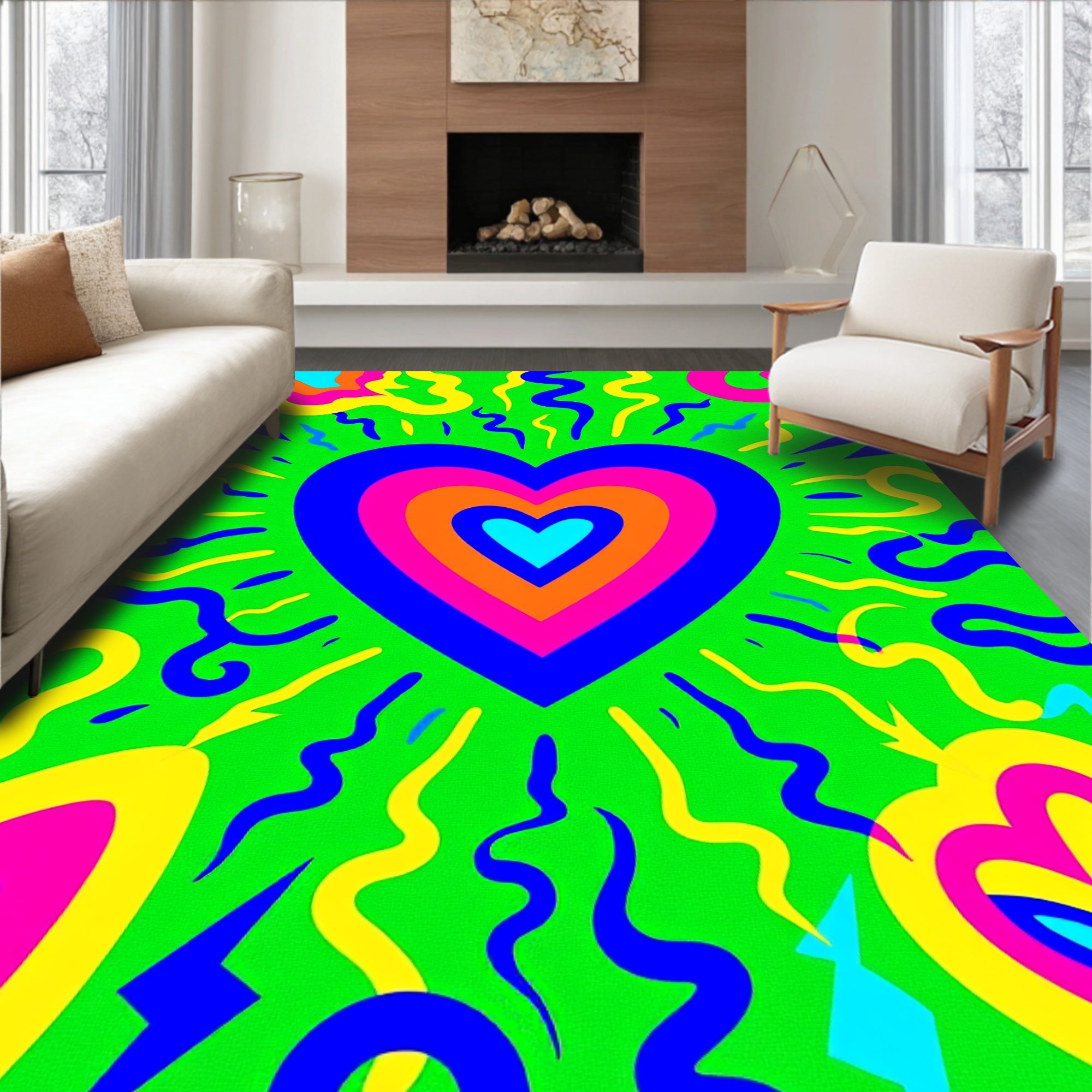 Vibrant Neon Heart Explosion Rug