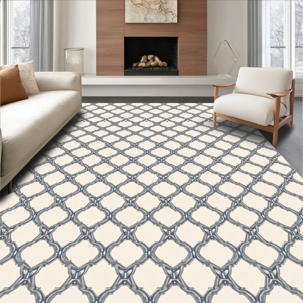 Cream Blue Lattice Arabesque Rug
