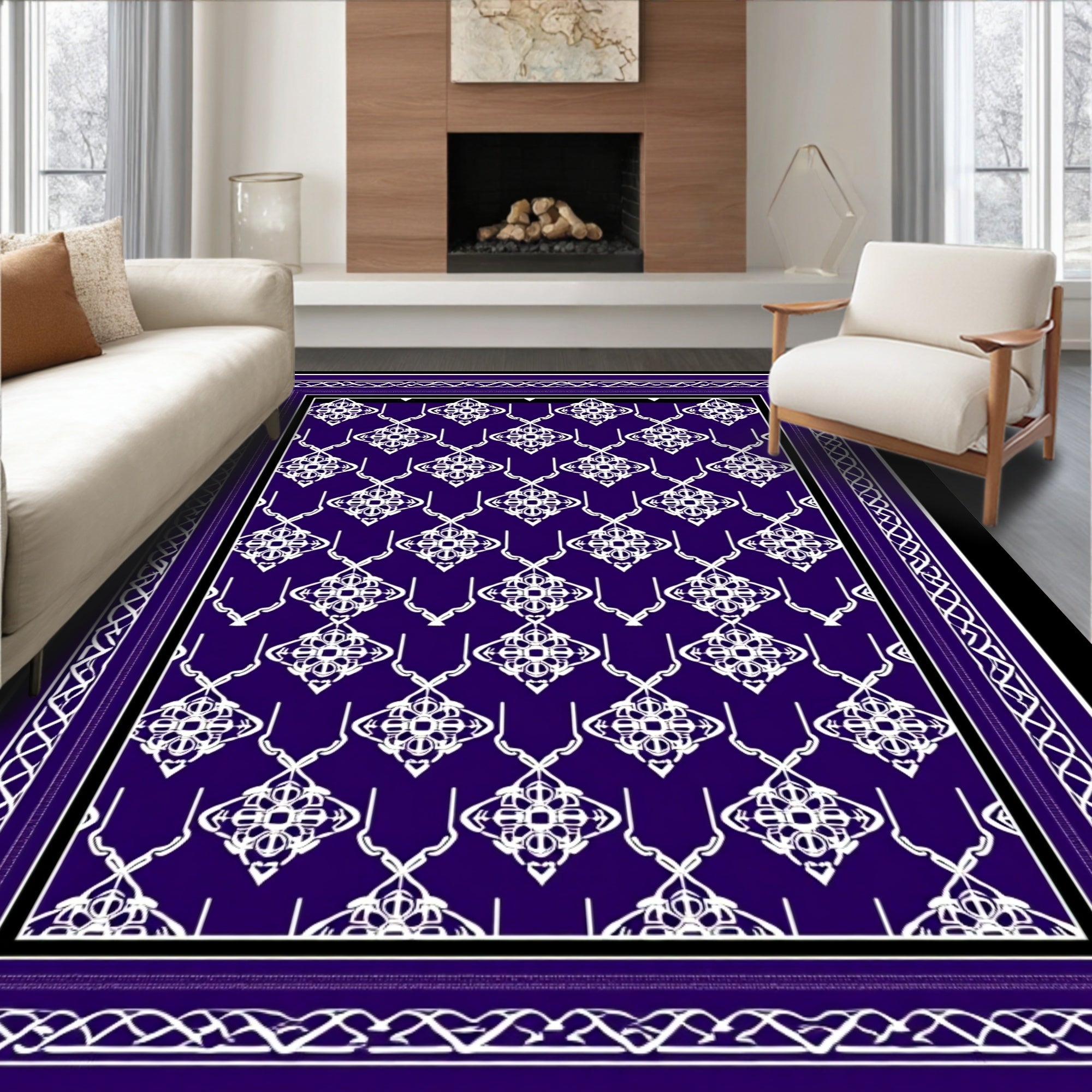 Deep Purple White Intricate Diamond Border Rug