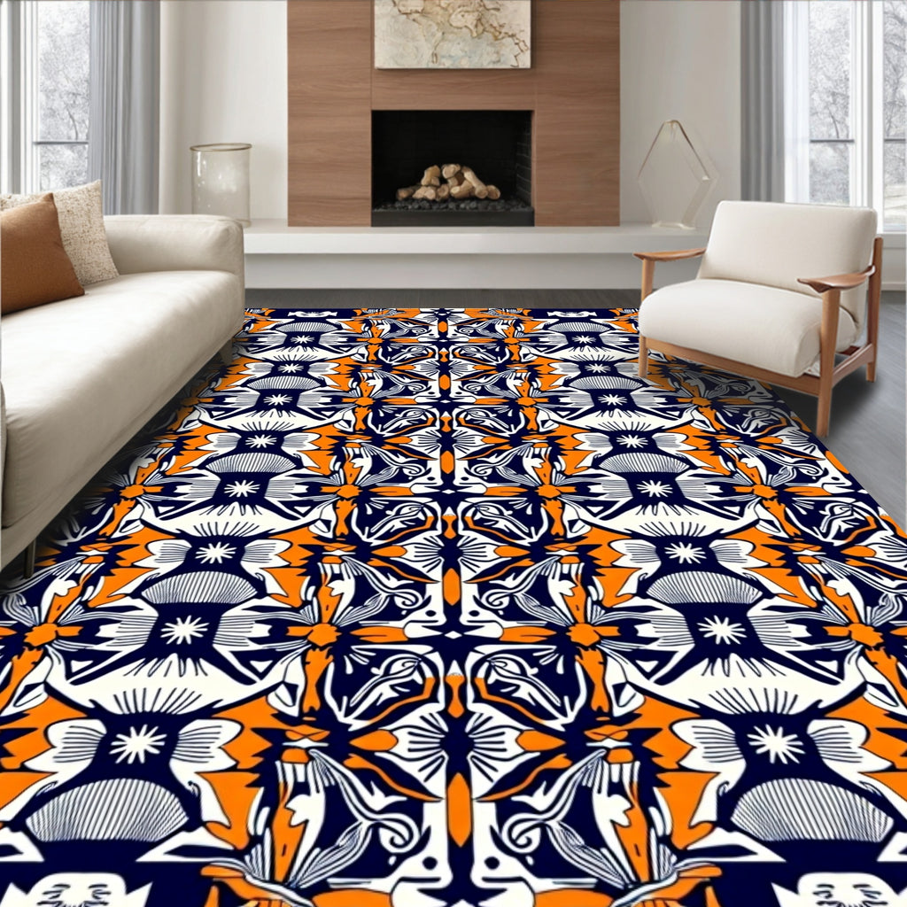 Vibrant Orange Navy Floral Medallion Rug