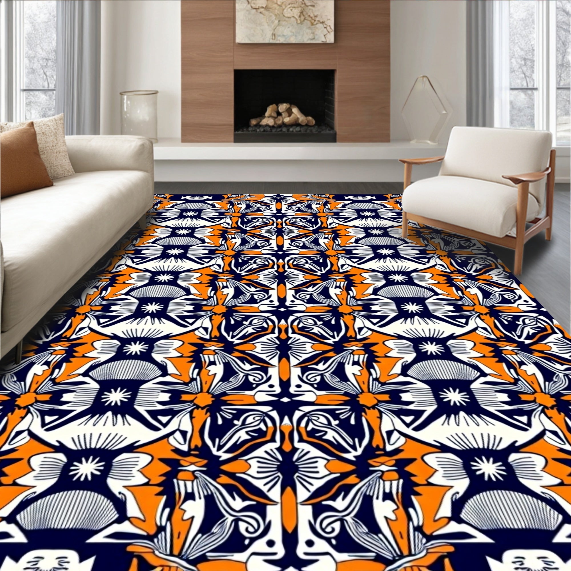 Vibrant Orange Navy Floral Medallion Rug