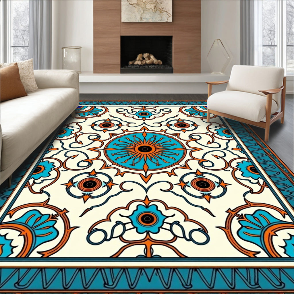 Ornate Teal Orange Sun Medallion Rug