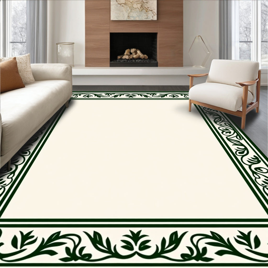 Dark Green Floral Scroll Border Rug