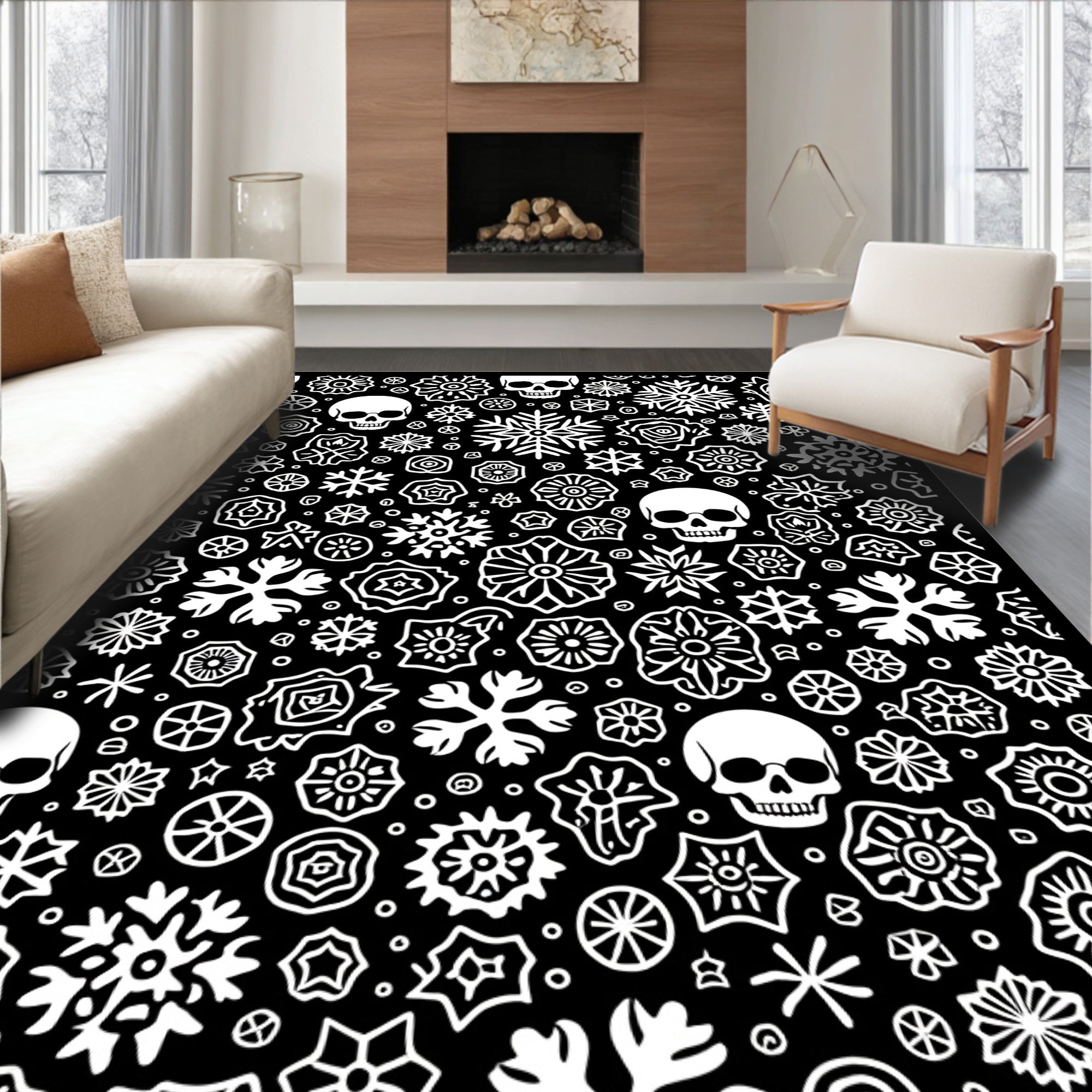 White Skulls and Snowflakes Collage Rug