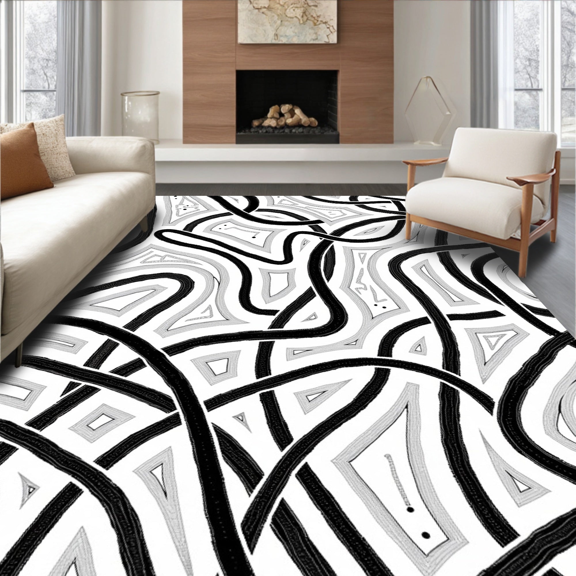 Striking Black Intertwined Curve Rug
