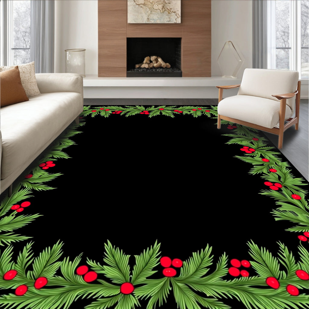 Festive Green Foliage Red Berry Border Rug