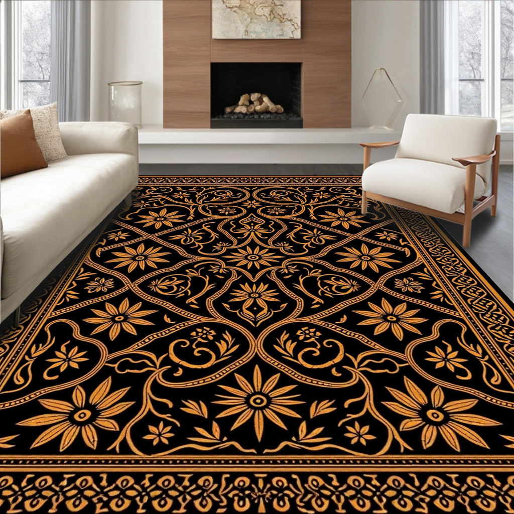 Ornate Gold Floral Vines Black Rug
