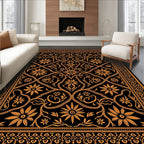 Ornate Gold Floral Vines Black Rug