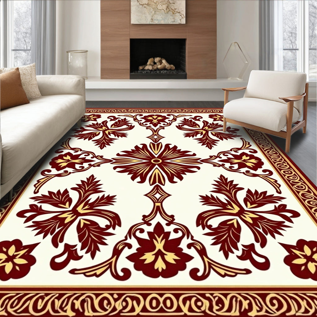 Maroon Gold Floral Medallion Frame Rug
