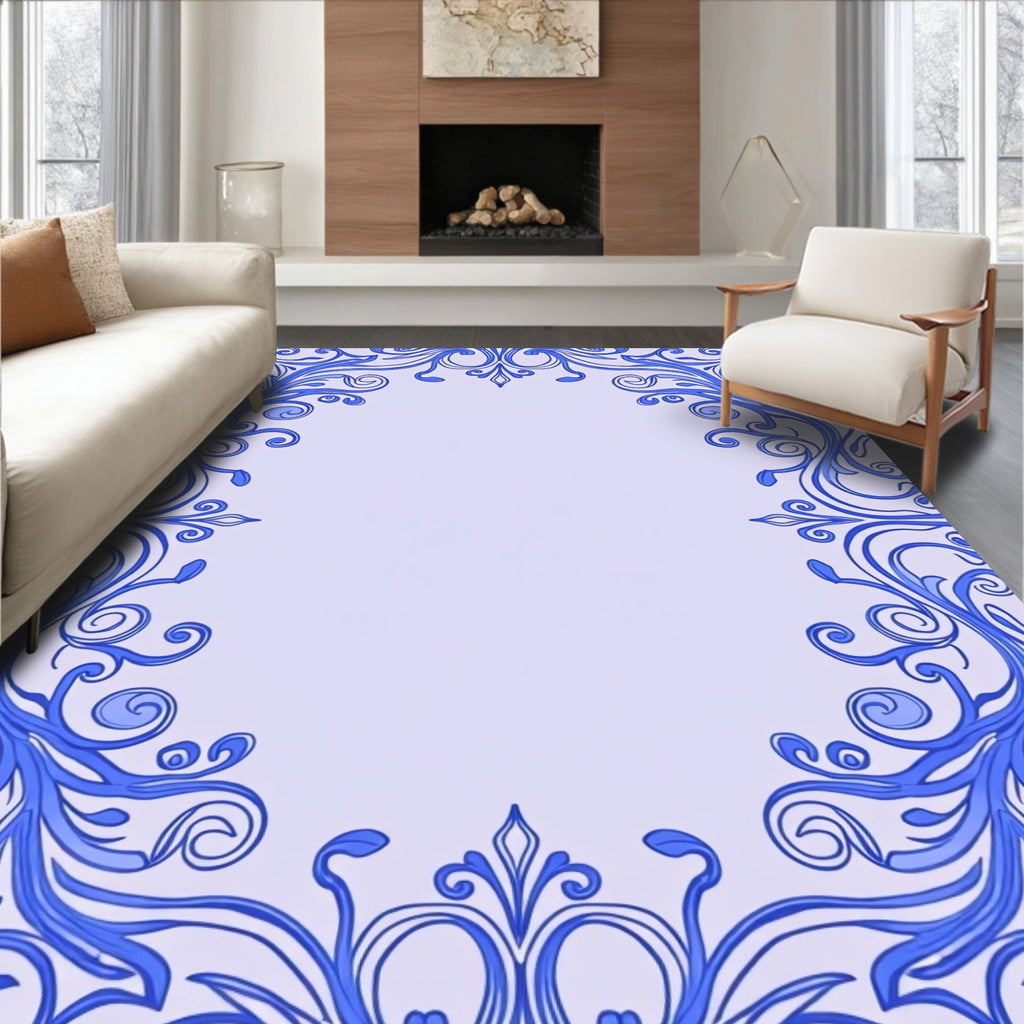 Ornate Blue Scrollwork Border Rug