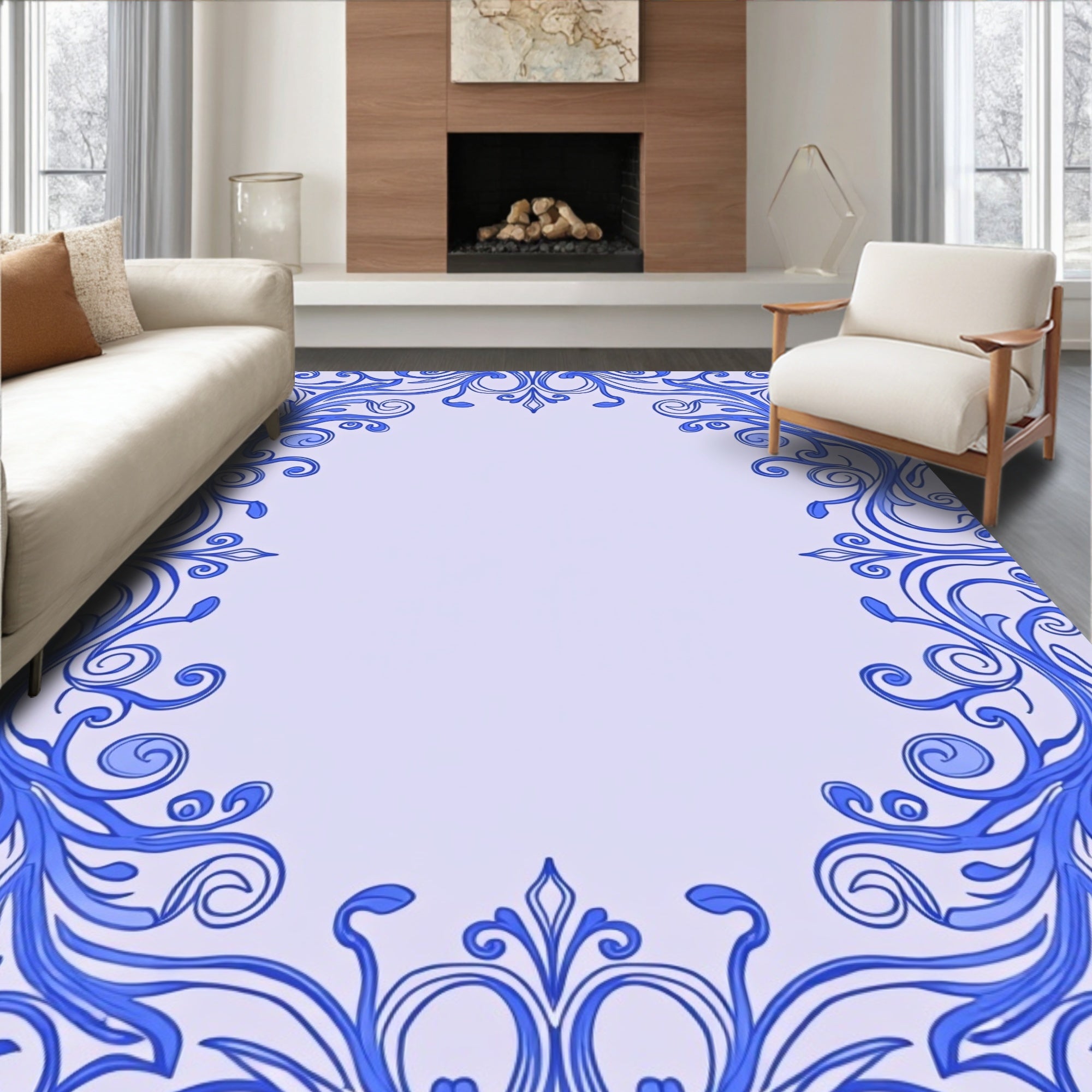 Ornate Blue Scrollwork Border Rug