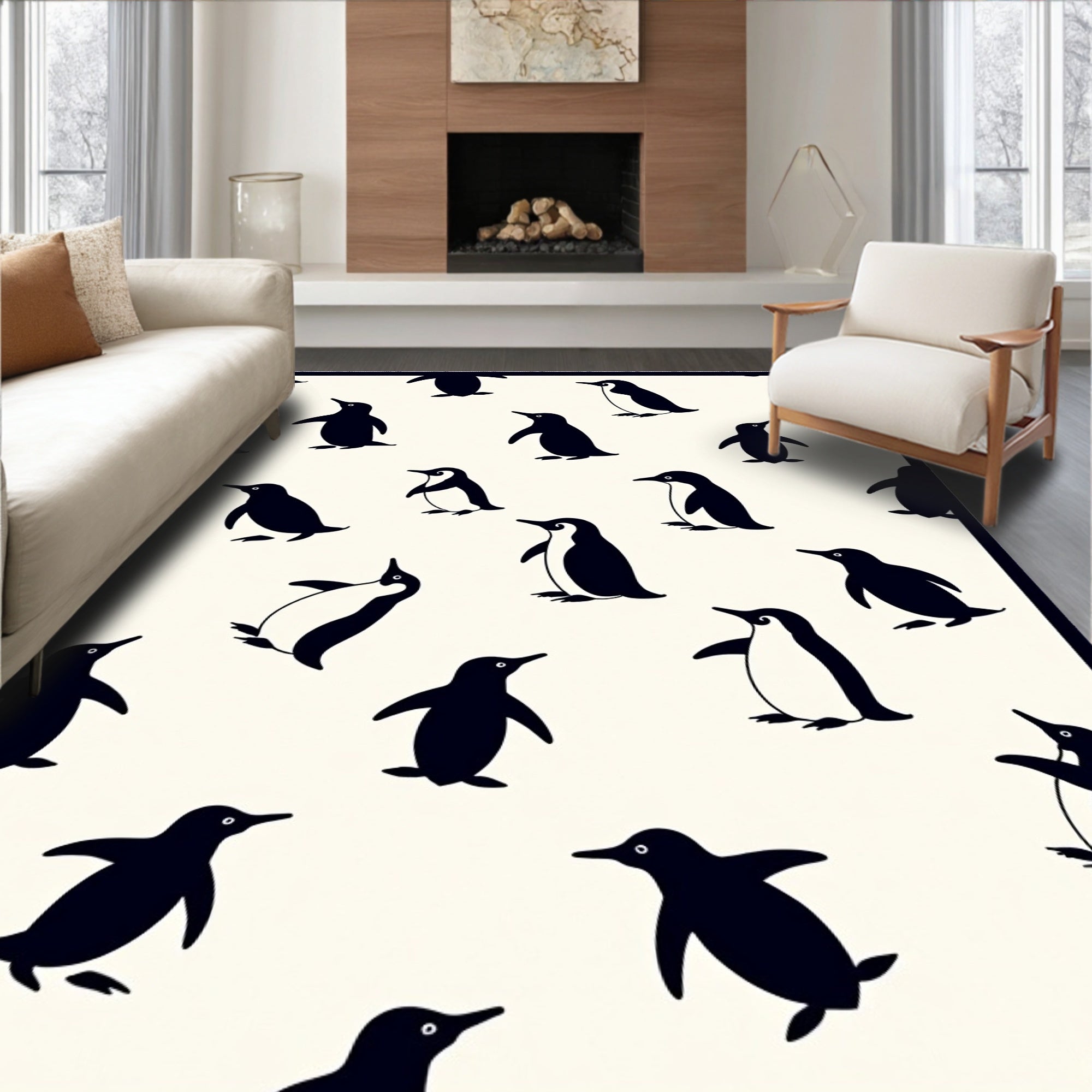 Playful Black Penguin Scatter Cream Rug