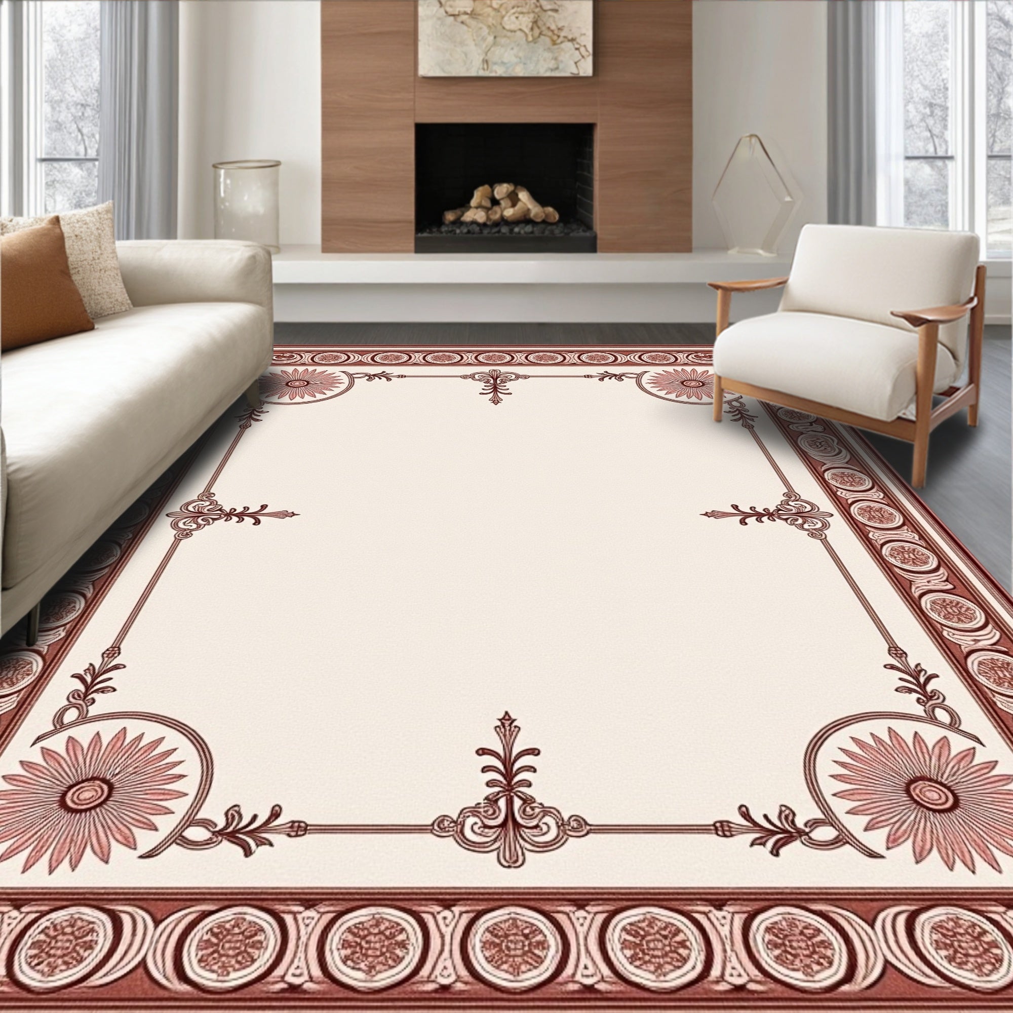 Crimson Floral Bordered Cream Rug