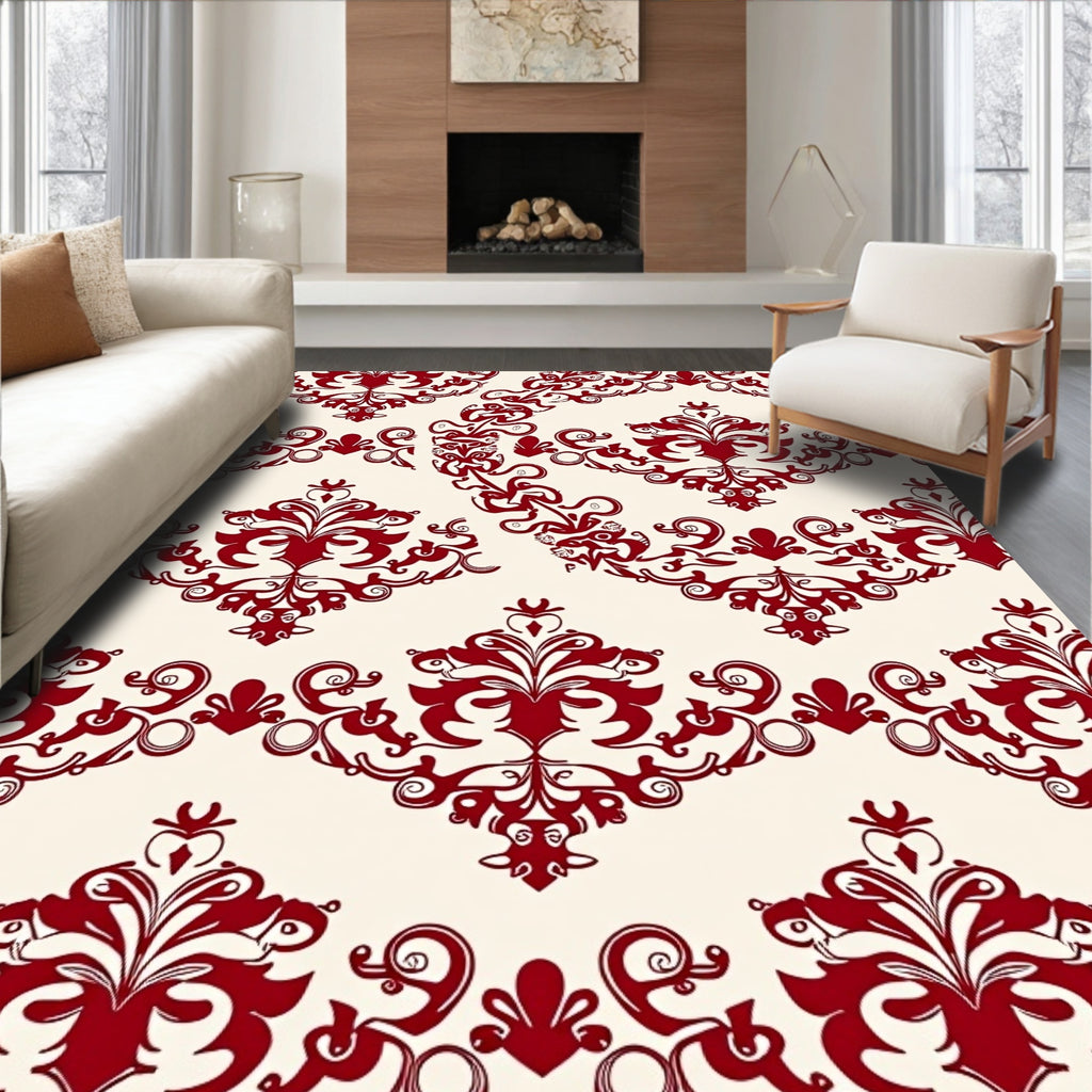 Crimson Floral Damask Scrollwork Rug