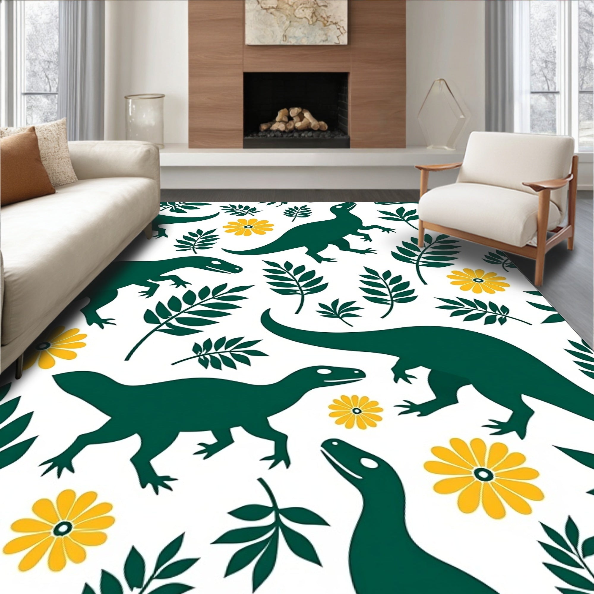 Green Dinosaurs Yellow Flowers Foliage Rug