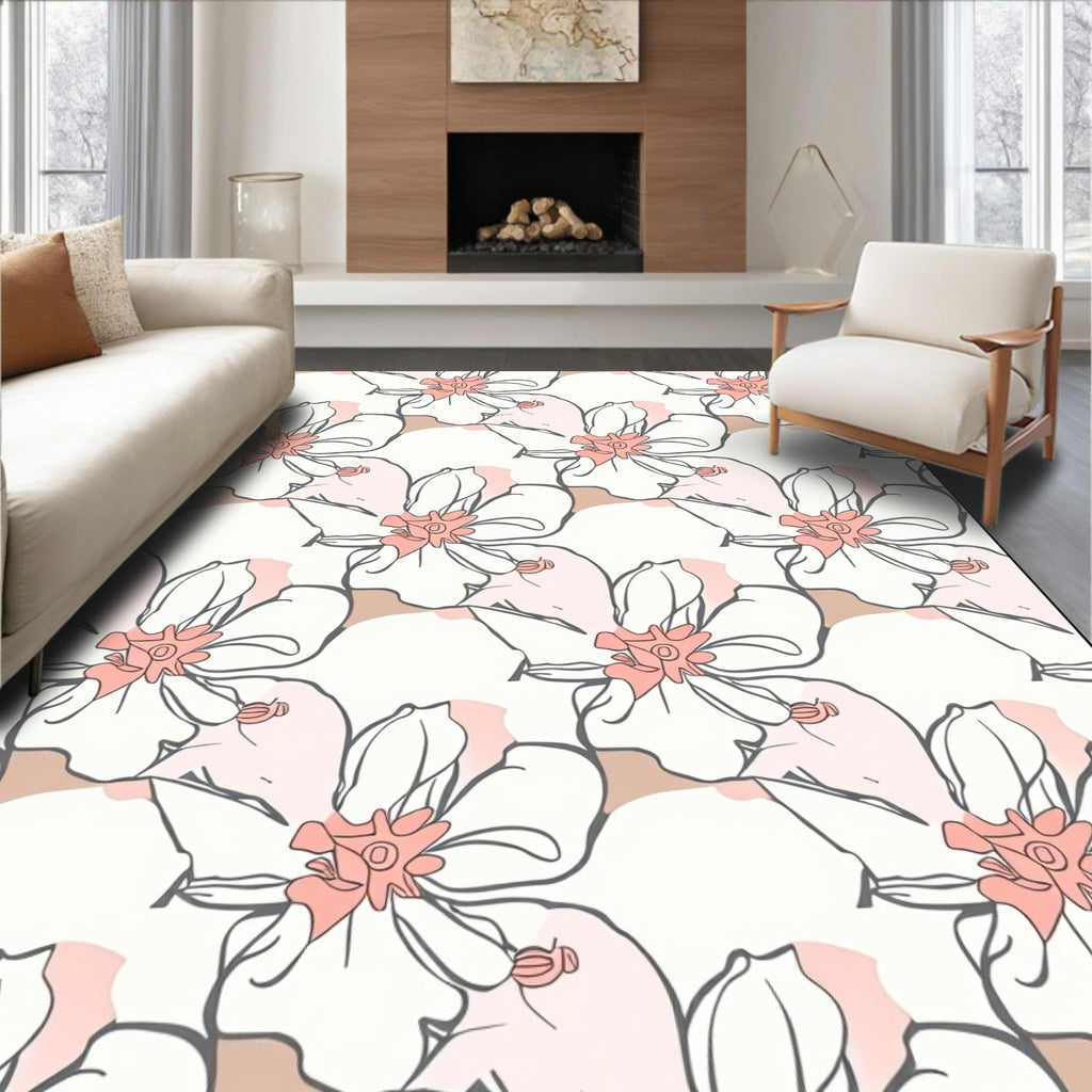 Soft Pink Blossom Outline Art Rug