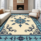 Aqua Navy Floral Medallion Border Rug