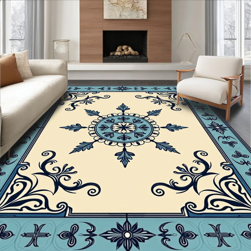 Aqua Navy Floral Medallion Border Rug