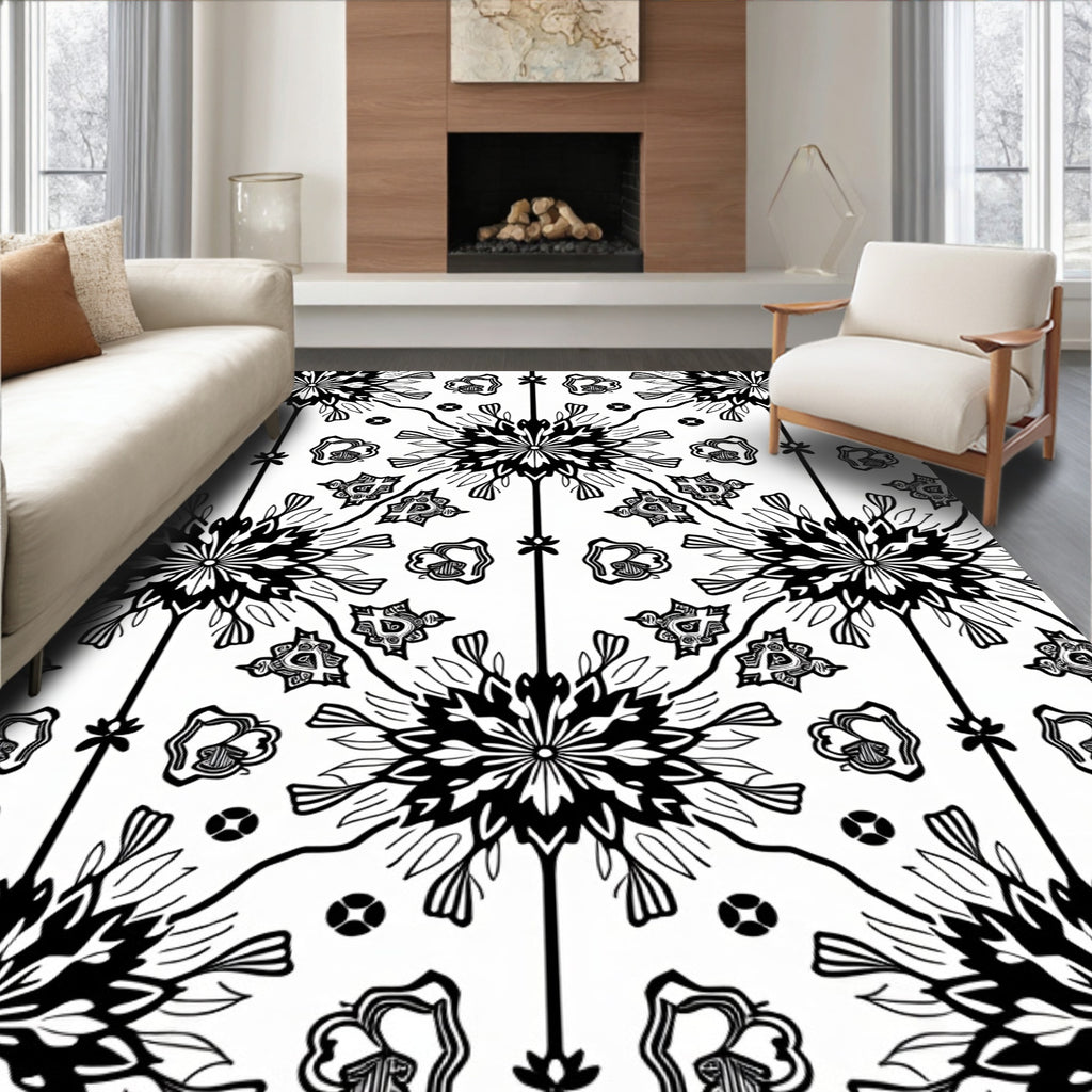 Black White Floral Symmetry Tile Rug