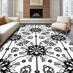 Black White Floral Symmetry Tile Rug