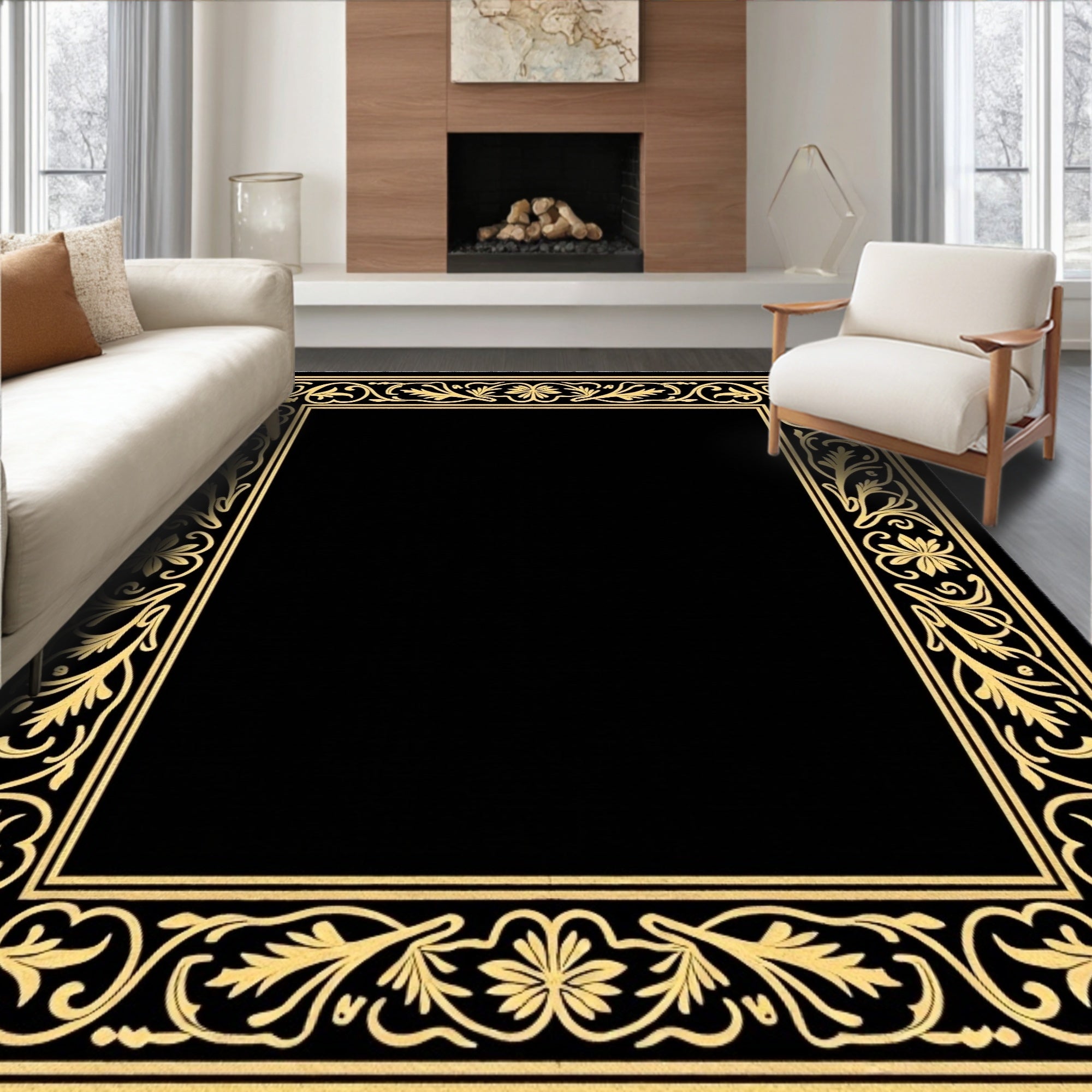 Golden Illuminated Floral Scroll Work Rug