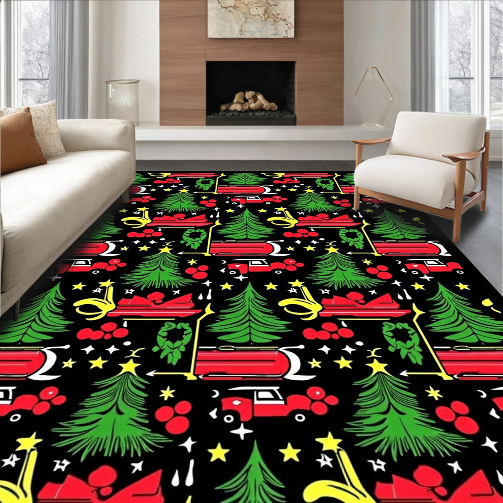 Green Trees Red Trucks Stars Holly Rug