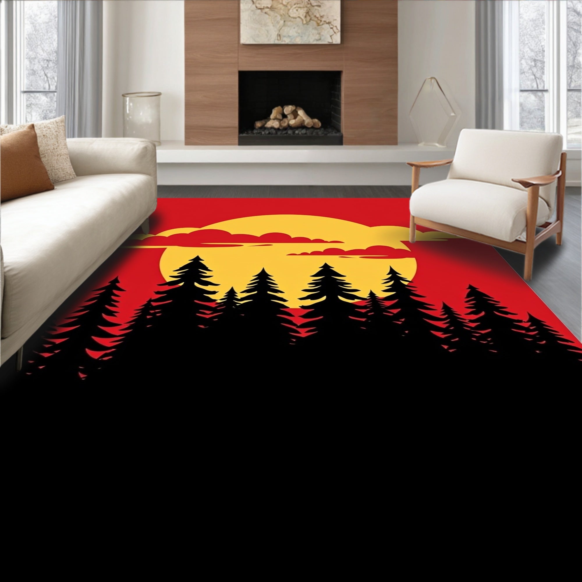 Crimson Forest Sunset Silhouette Rug
