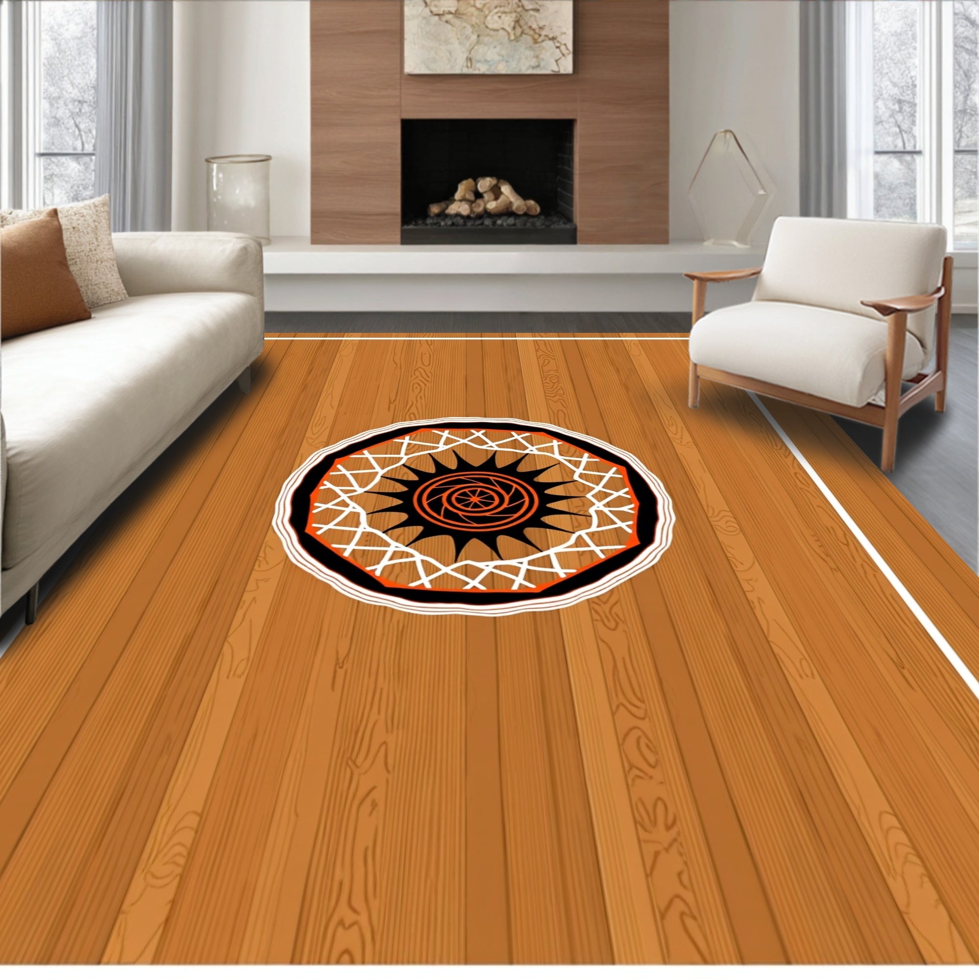 Orange Black Sunburst Round Rug