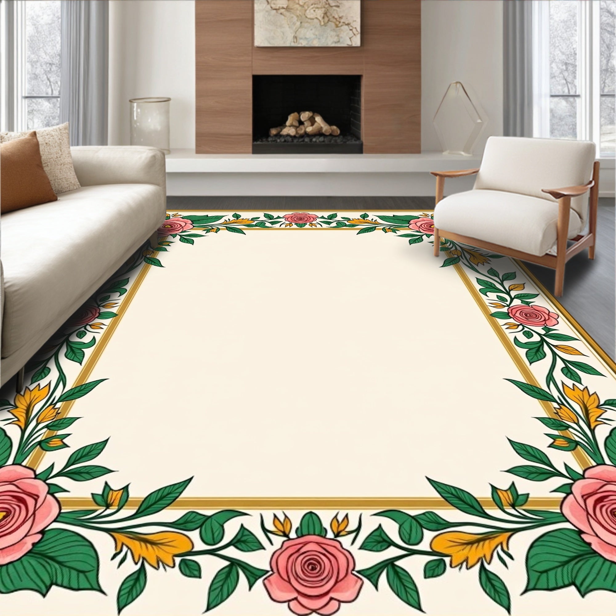 Pink Rose Vine Border Rug