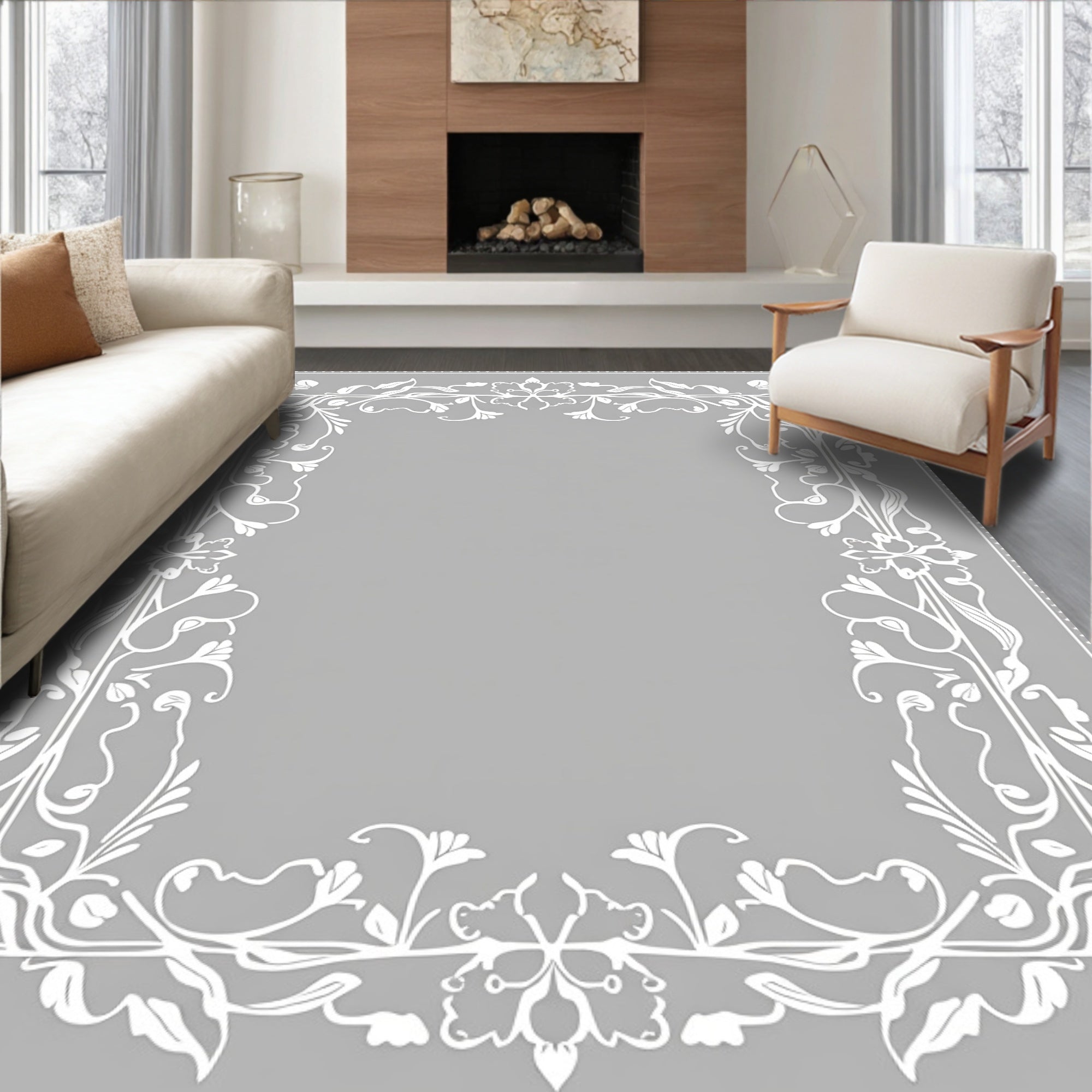 White Art Nouveau Floral Scroll Border Rug