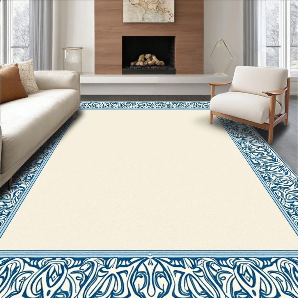Intricate Blue Floral Border Cream Rug