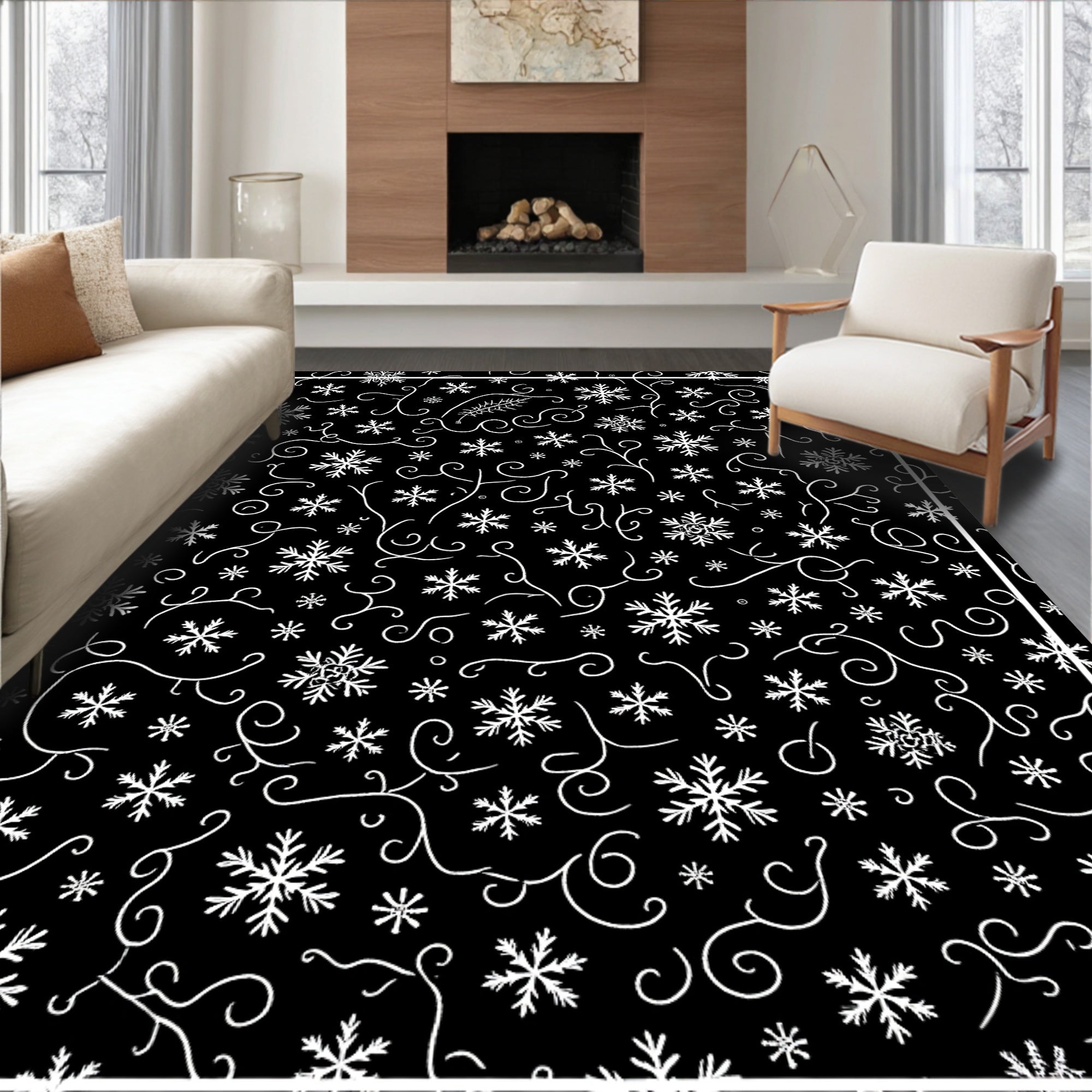 White Snowflake Swirl Whimsy Rug