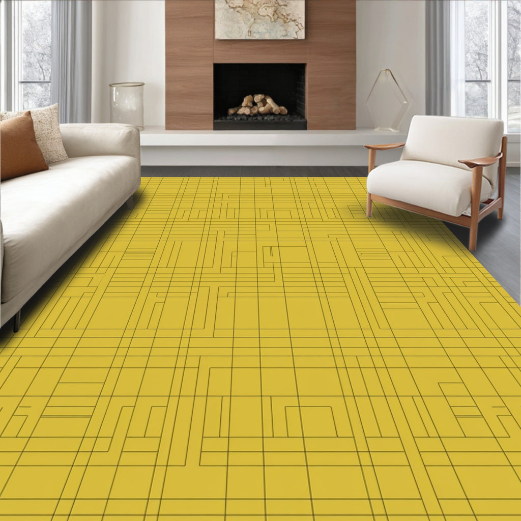 Golden Yellow Geometric Circuit Rug