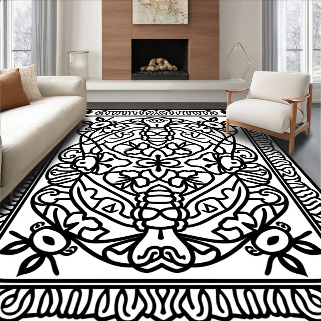 Monochromatic Black Floral Insect Rug