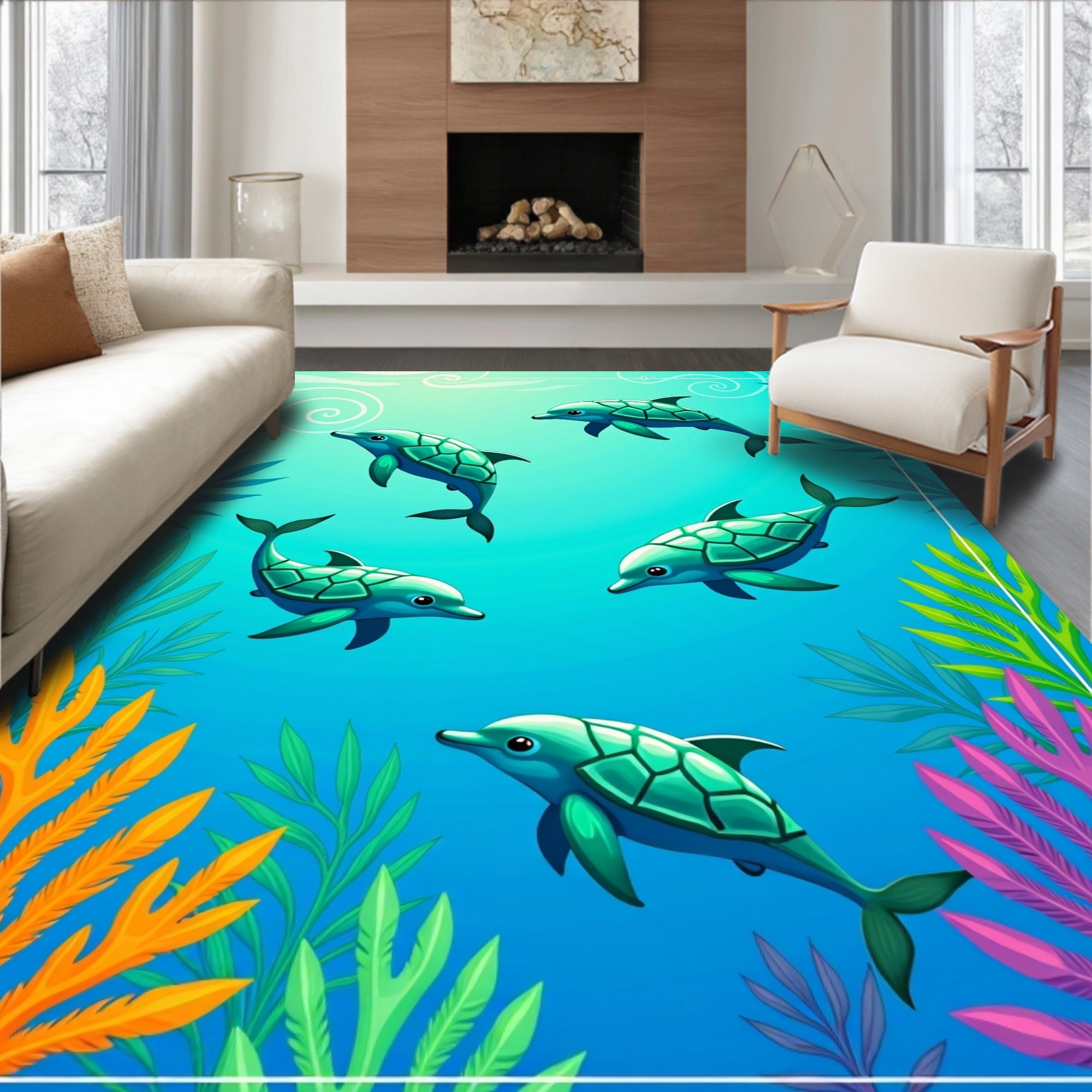 Aqua Dolphins Coral Reef Scene Rug