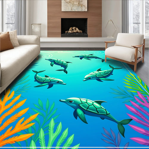 Aqua Dolphins Coral Reef Scene Rug