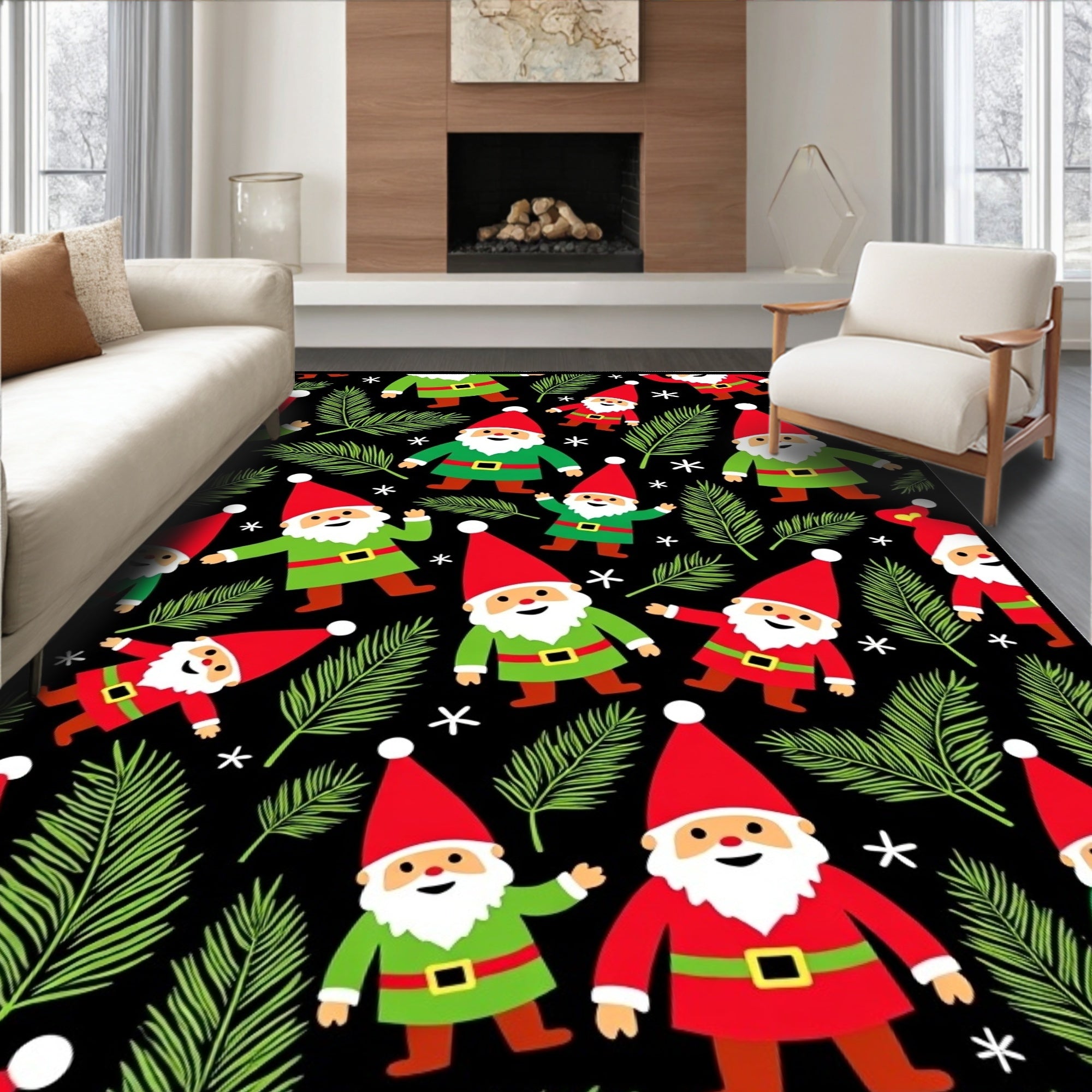 Christmas Gnome Green Red Black Background Rug