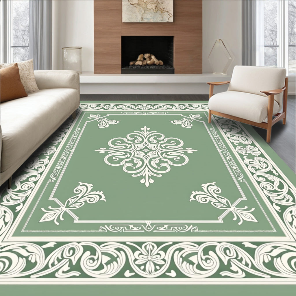 Sage Green Ornate Scrollwork Floral Rug