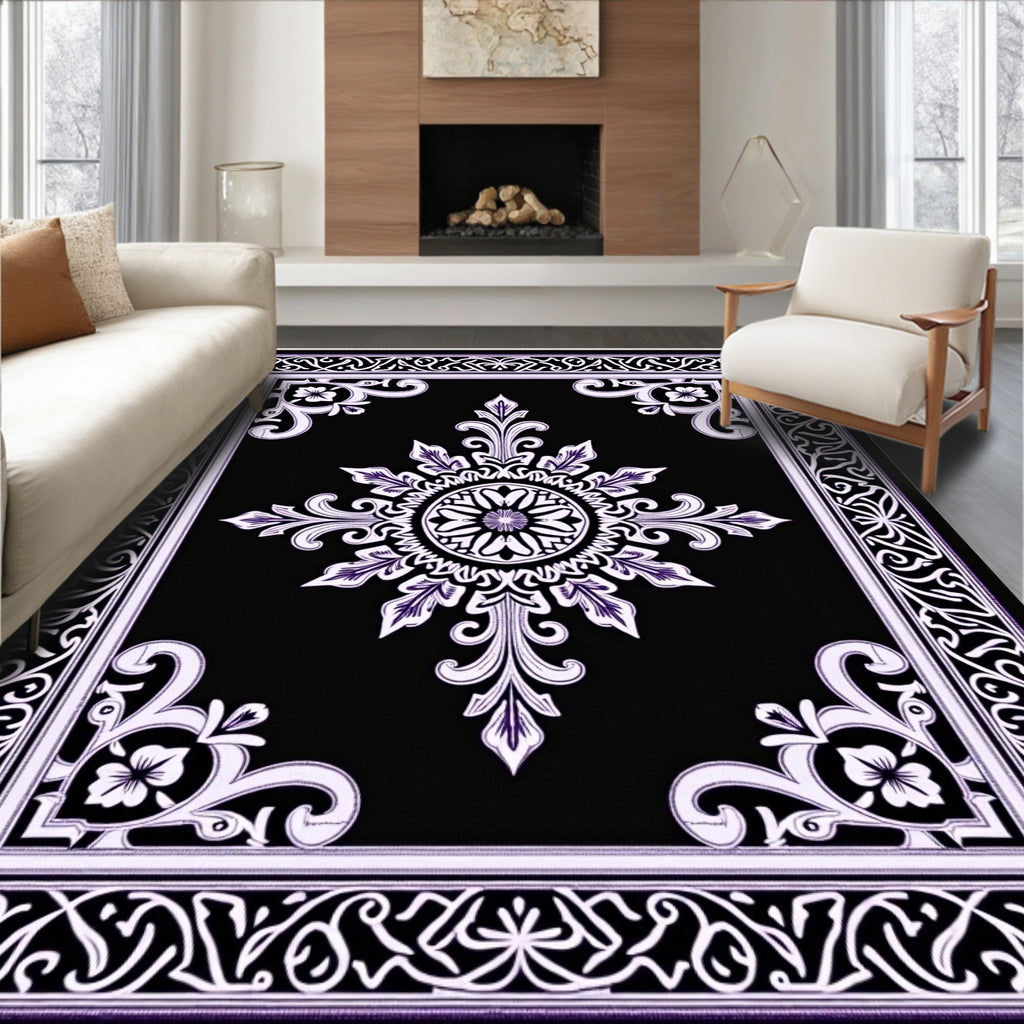 Elegant Black Purple Medallion Border Rug