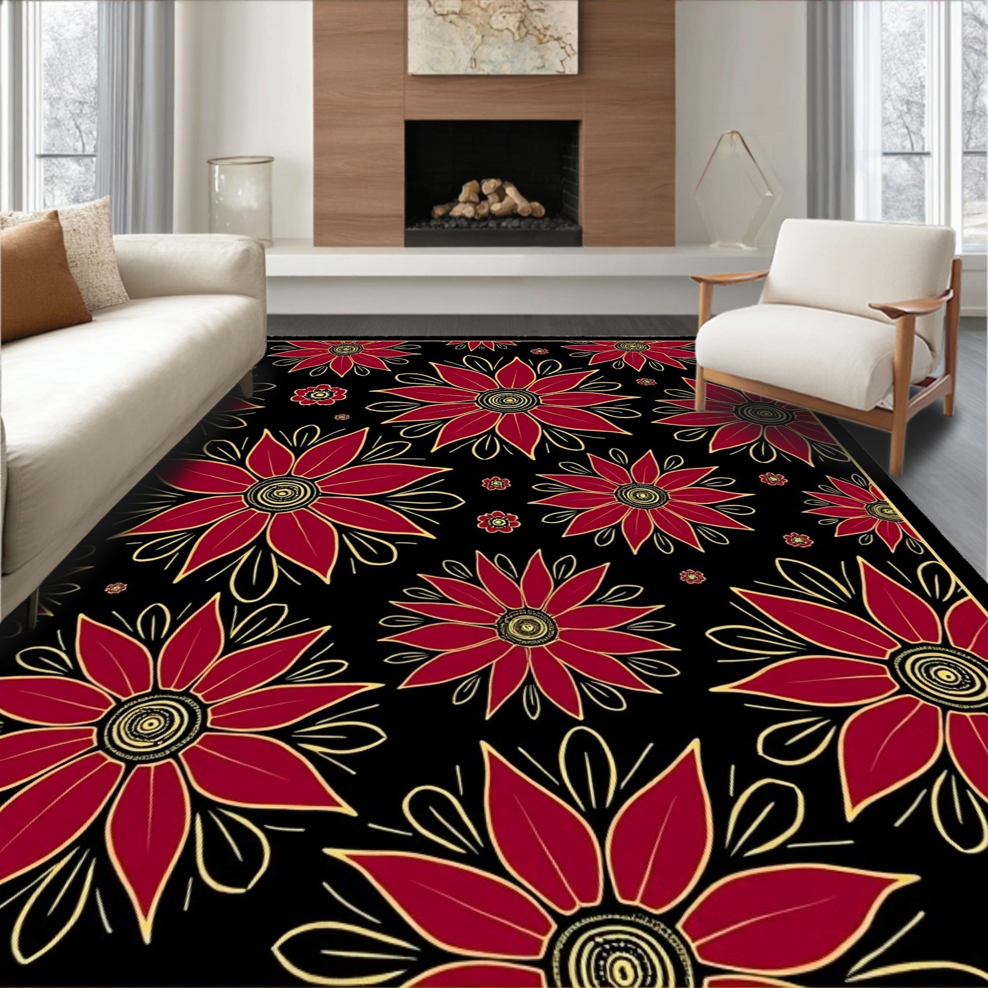 Crimson Black Floral Outline Rug