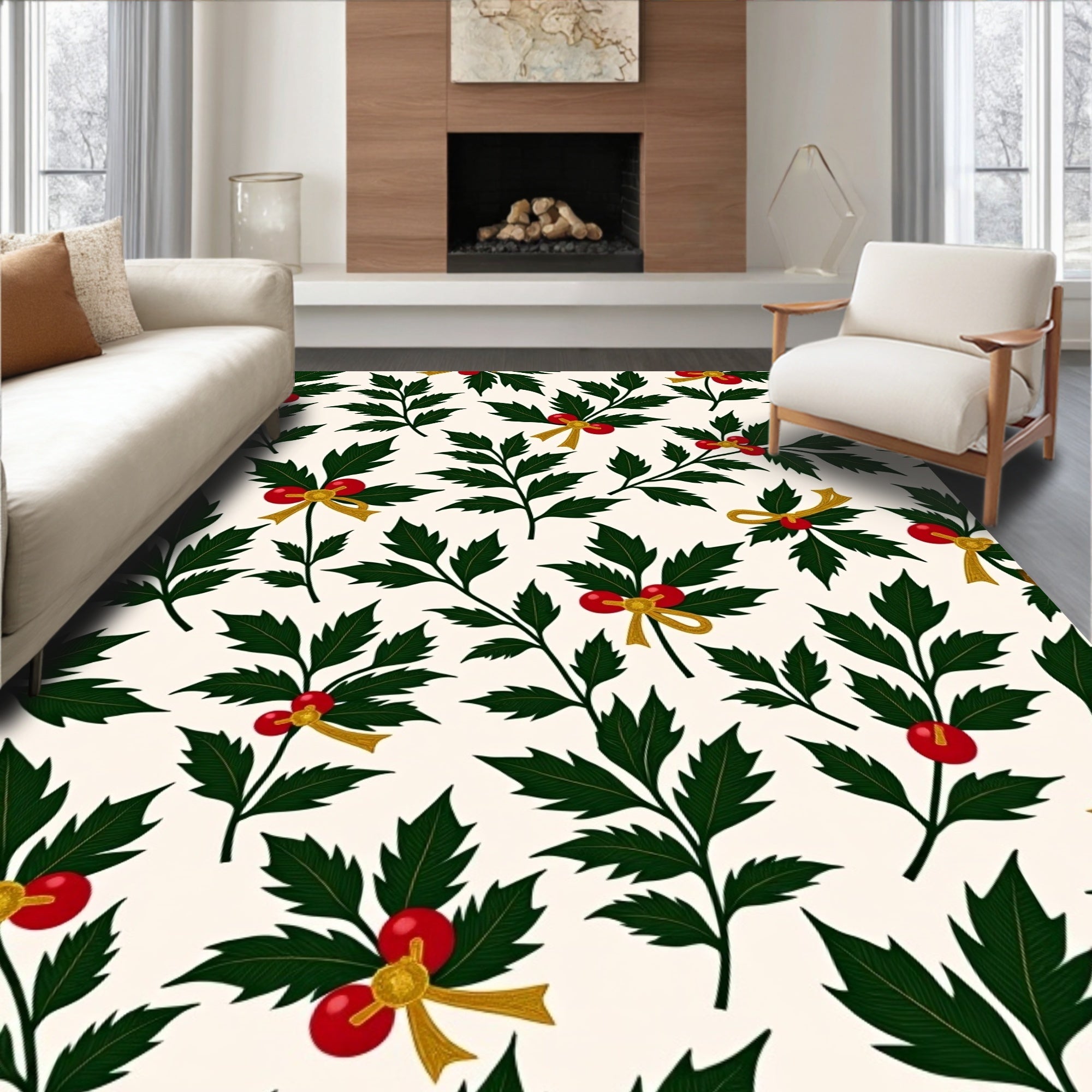 Green Holly Berry Gold Bow Background Rug