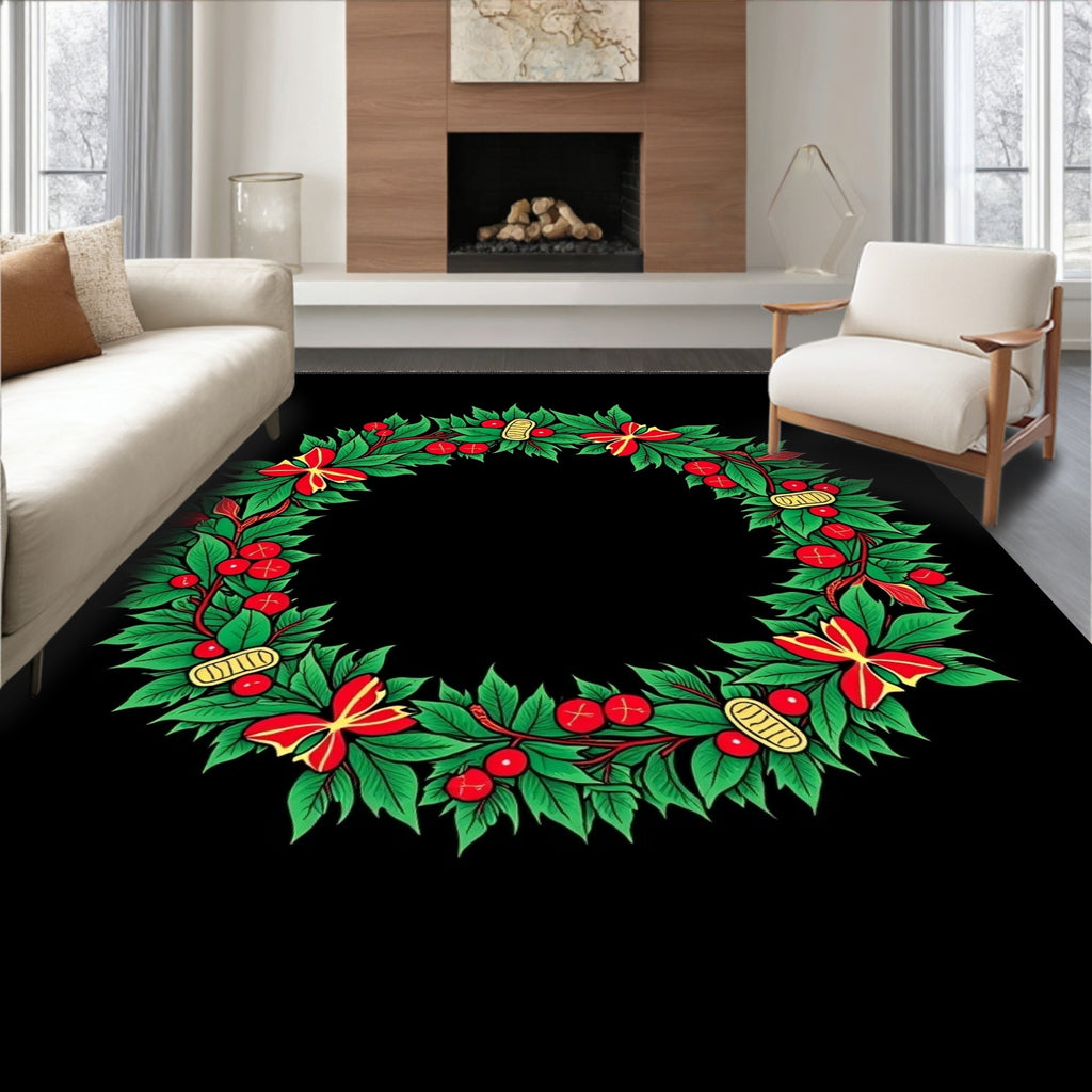 Festive Green Red Holly Wreath Rug