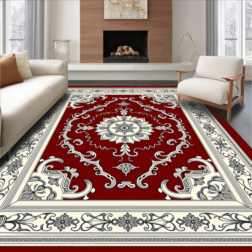 Red Ivory Floral Medallion Frame Rug