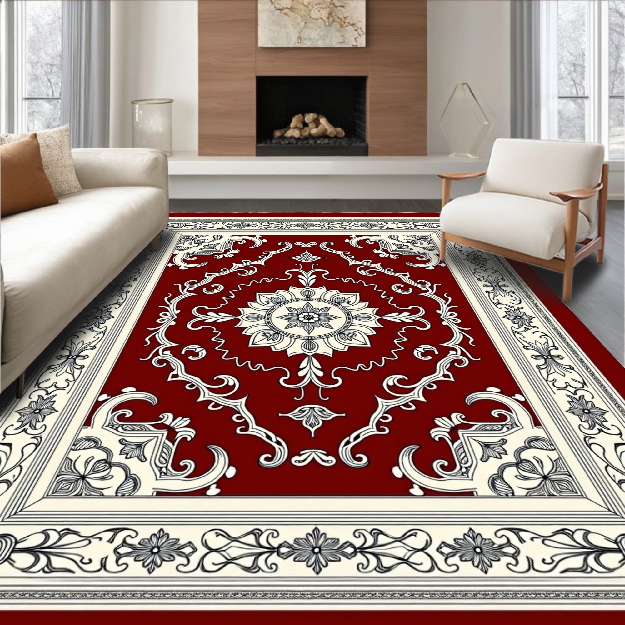 Red Ivory Floral Medallion Frame Rug