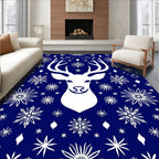 White Deer Snowflakes Deep Blue Rug