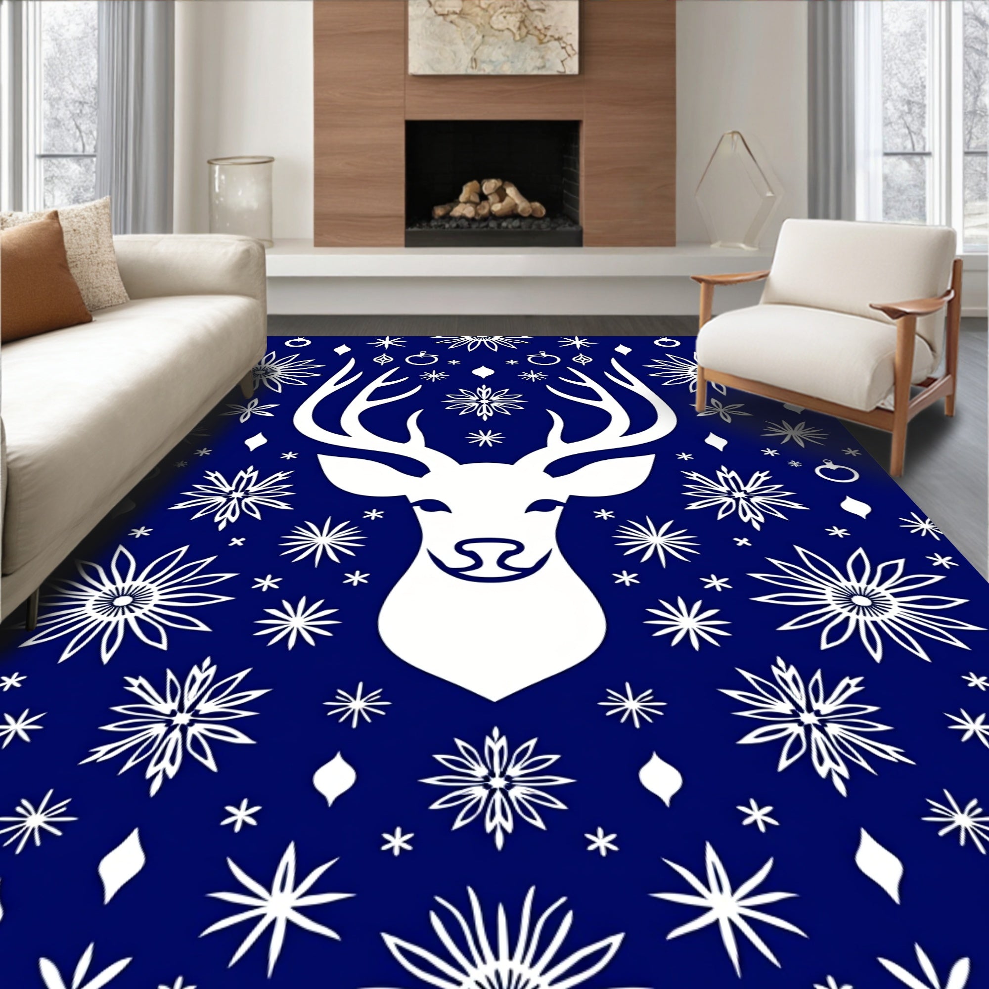 White Deer Snowflakes Deep Blue Rug