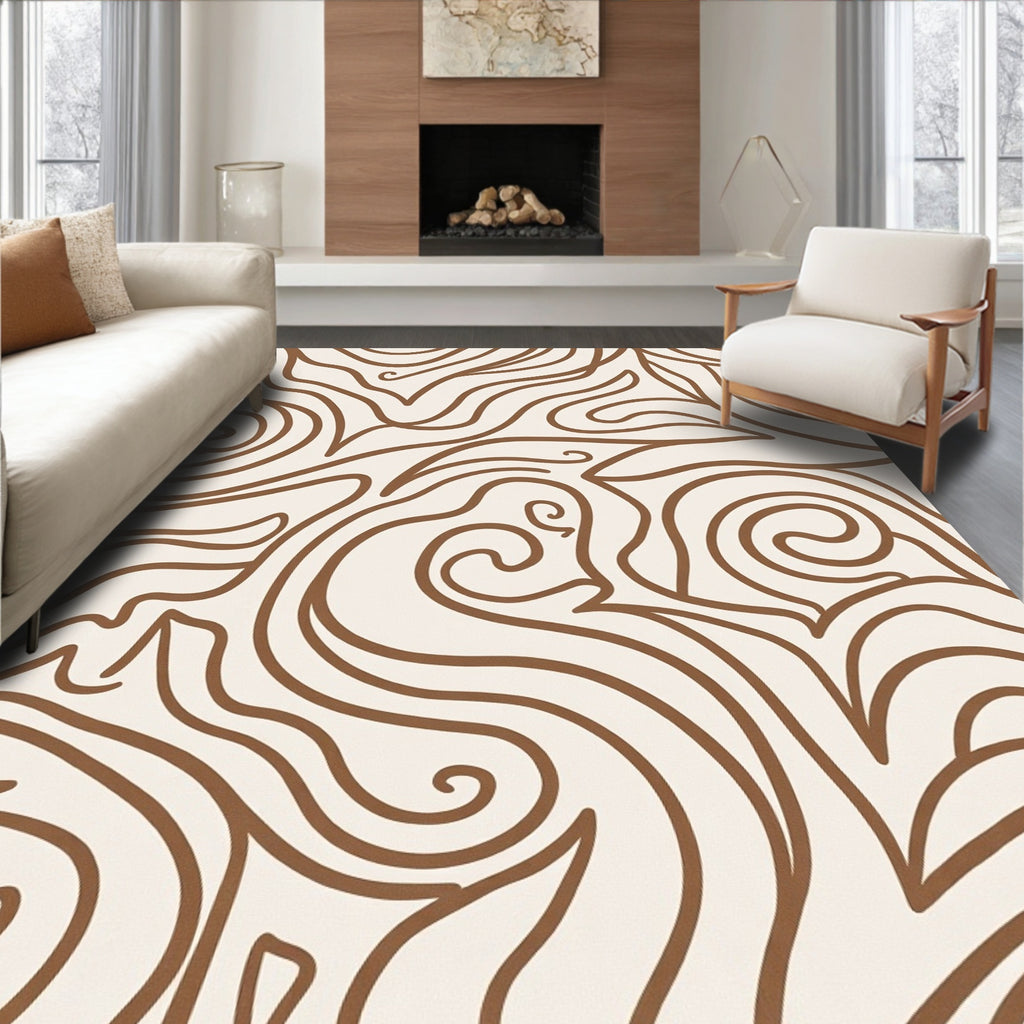 Cream Brown Swirling Abstract Strokes Rug