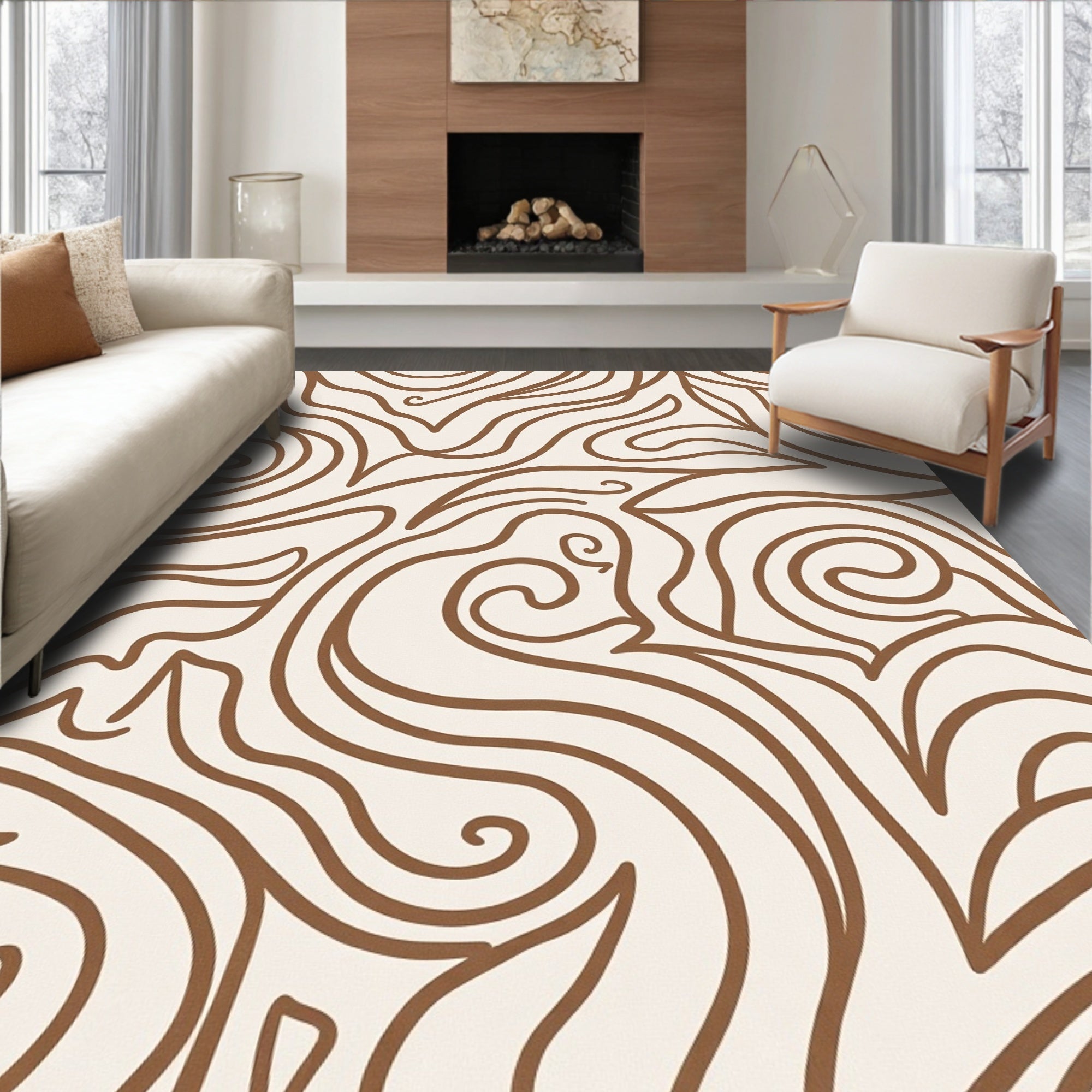 Cream Brown Swirling Abstract Strokes Rug
